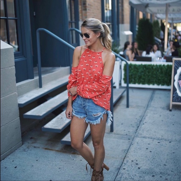 Abercrombie Orange Floral Print Cold Shoulder Blouse - Picture 2 of 16